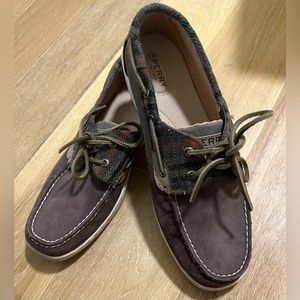 Women’s Sperry Top-Sider Brown Suede Boat Shoes with Wool Plaid Details Size 10